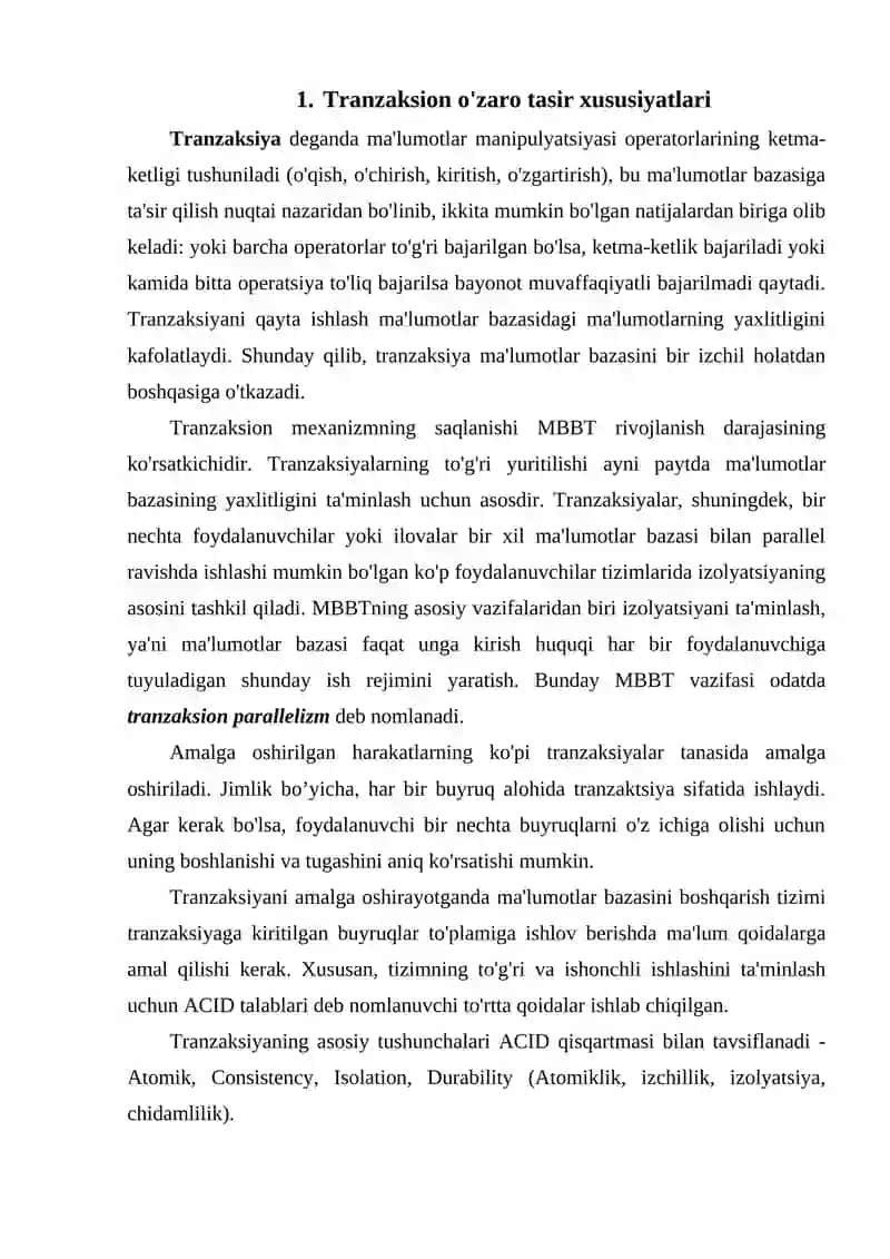 Ma'lumotlar bazasida tranzaksiya va tntfrfeyslar bilan aloqasi 3