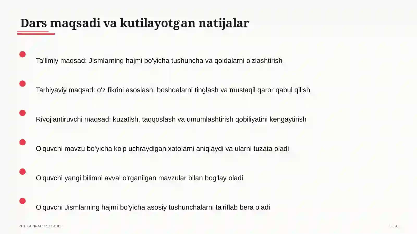 Ta'limiy maqsad: Jismlarning hajmi (11-sinf) 3