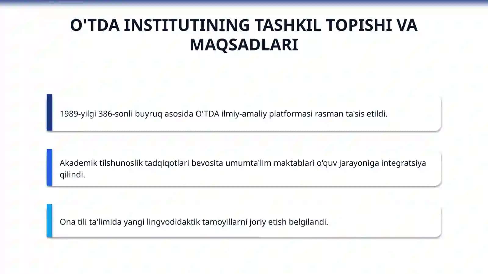 "O'zbek tili doimiy anjumani" (OʻTDA) materiallari asosida ona tilini oʻqitish metodikasi taraqqiyotiga oid taqdimot 3