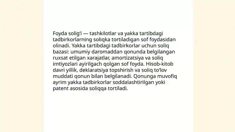 Foyda solig‘ini yakka tartibdagi tadbirkorlarning daromadlariga soliq solishning o‘ziga xos xususiyatlari 3