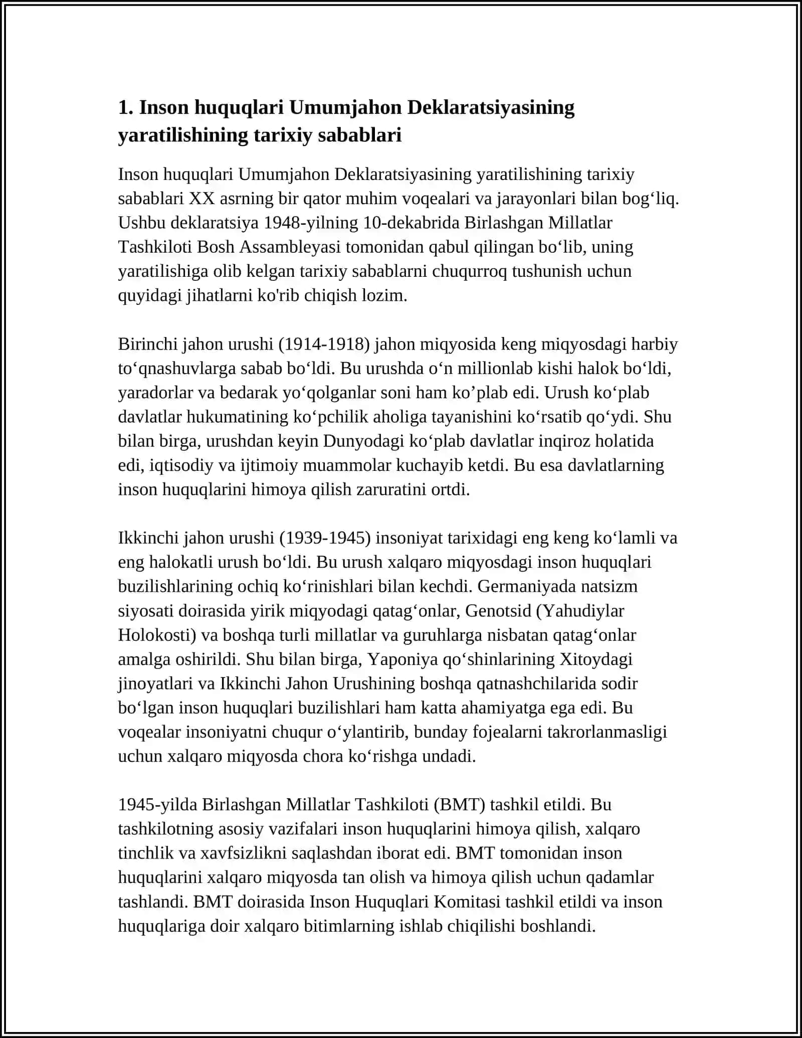INSON HUQUQLARI UMUMJAHON DEKLARATSIYASINING ISHLAB CHIQILISHI, TUZULISHI, MAZMUNI VA AHAMIYATI 3