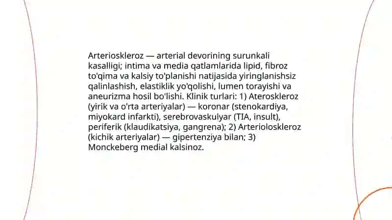 Arteriaskleroz kasalliklari.Biokimyoviy mexanizmi.Diagnostika qòyish 3