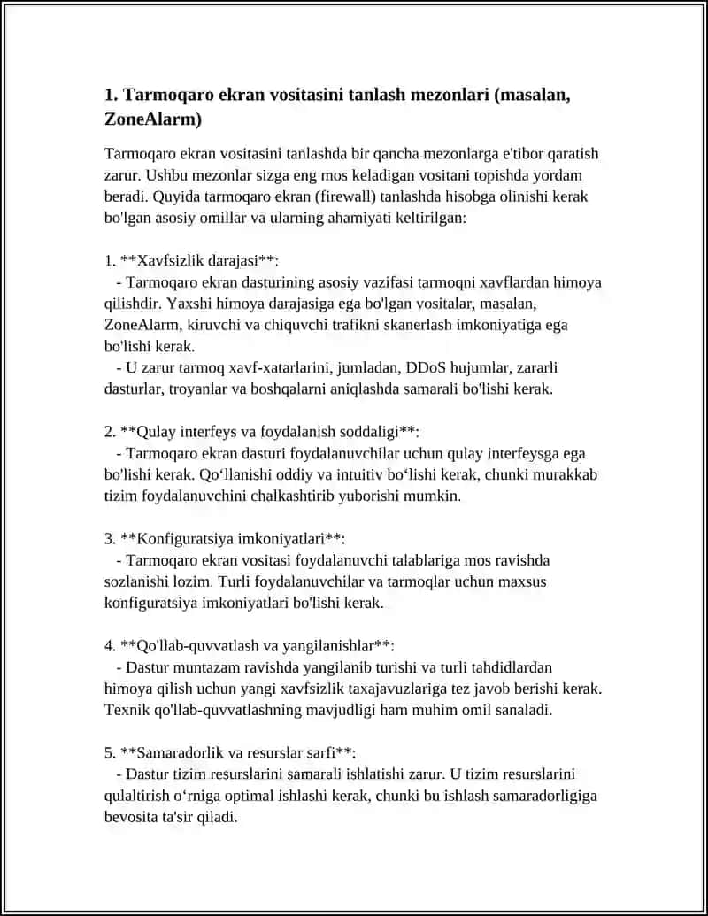 BIROR TARMOQLARARO EKRAN VOSITALARINI (MASALAN, ZONEALARM) O'RNATISH VA SOZLASH 3
