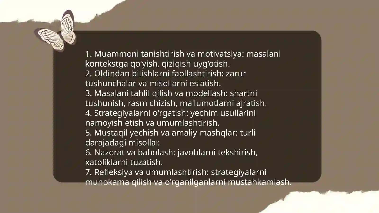 Boshlangʻich sinflarda masala yechishga oʻrgatish bosqichlari va mantiqiy asosi.Masala turlari va ular ustida ijodiy ishlash 3