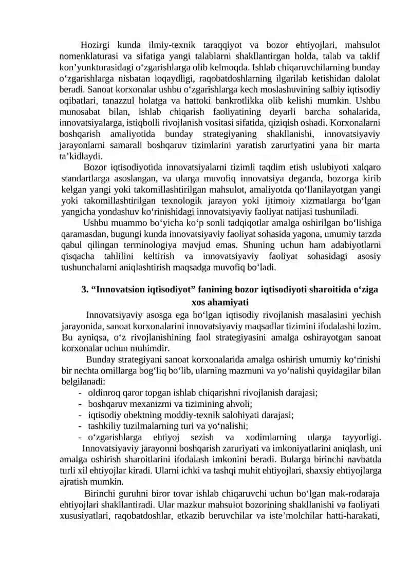“INNOVATSION IQTISODIYOT” FANIGA KIRISH. IQTISODIYOTDA INNOVATSION FAOLIYATNI O‘ZIGA XOS XUSUSIYATLARI 3