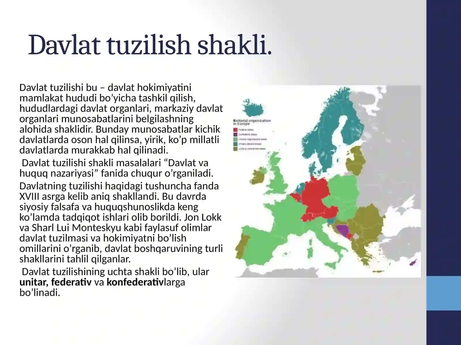 Davlatning ma’muriy-hududiy tuzilishi unitarizm, federalizm, konfederatsiya 3