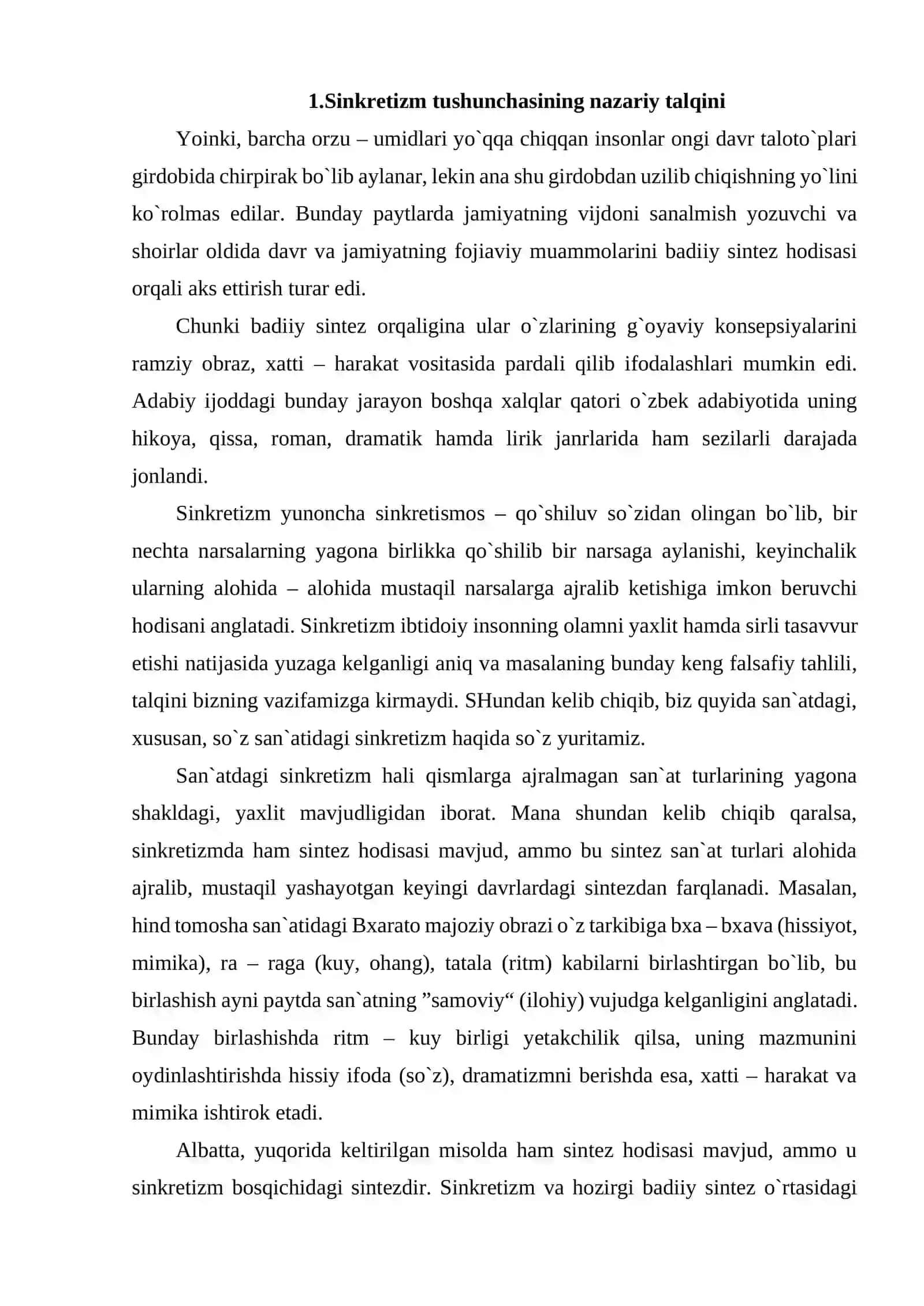 SINKRETIZM DAVRI POETIKASI. SINKRETIZM DAVRIDA SYUJET. SYUJETLAR POETIKASI. SUBEKT SINKRETIZMI MANBALARI. SUB'EKT SINKRETIZMI DAVRIDA SO'Z. OBRAZ GENEZISI VA UNING KELIB CHIQISH SHAKLLARI MASALALARI. OBRAZLI TAFAKKUR EVOLYUTSIYASI: IKKI A'ZOLI VA KO'P A'ZOLI PARALLELIZM. KO'CHIMLARNING ILK SHAKLLARI PAYDO BO'LISHI. 3