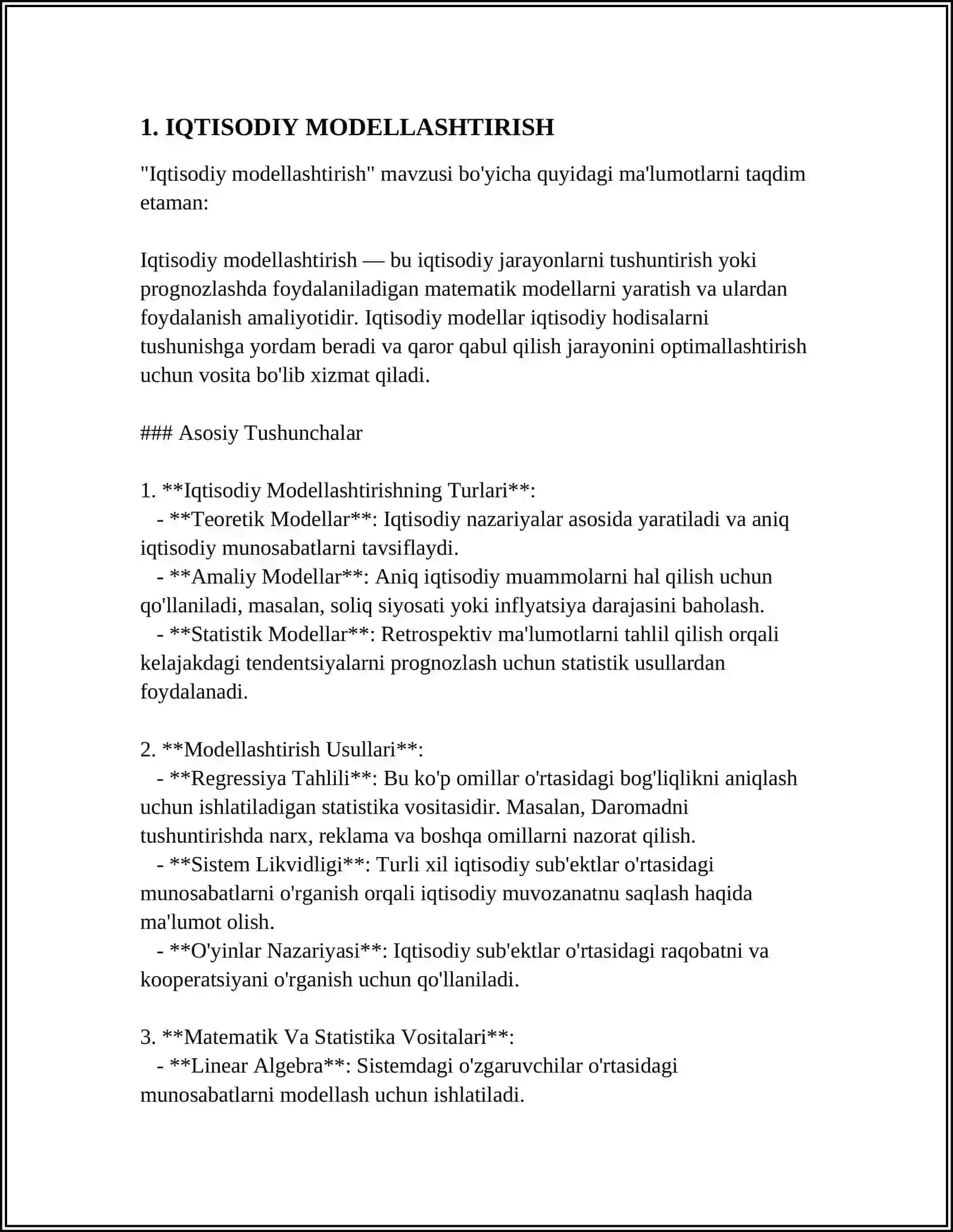 IQTISODIYOTDA CHIZIQSIZ BOSHLANISHGA EGA BOʻLGAN JARAYONLARNI EKONAMETRIK MASALALAR 3