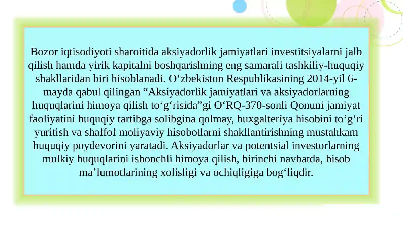“Aksiyadorlik jamiyatlari va aksiyadorlarning huquqlarini himoya qilish to‘g‘risida”gi O‘zbekiston Respublikasi Qonunining hisobdagi o‘rni 3