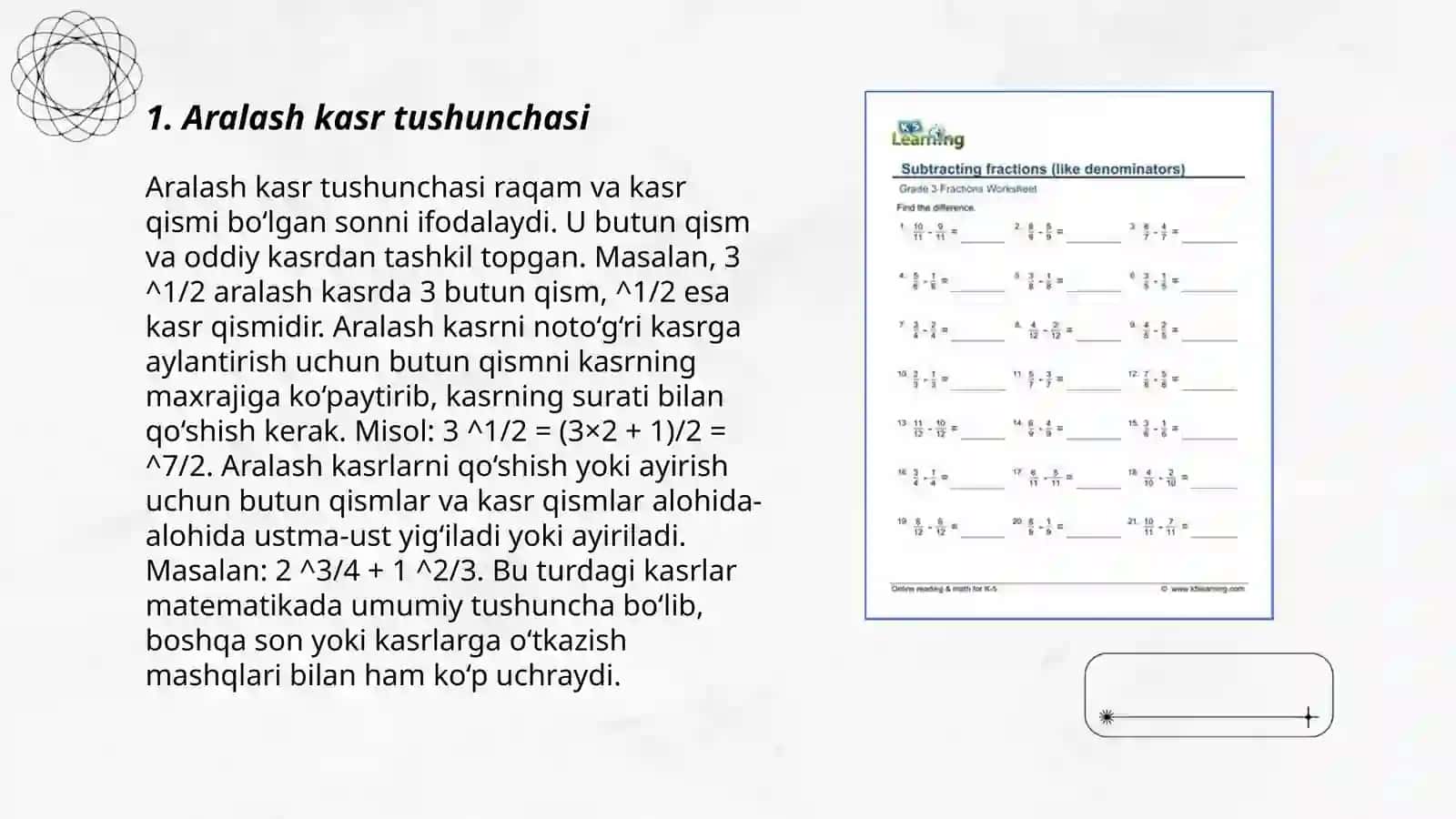 Aralash kasrlarni qoʻshish mavzusida slayet tayyorlab ber 3