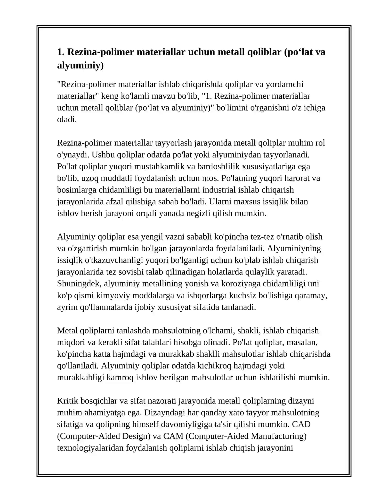 REZINA-POLIMER MATERIALLAR ISHLAB CHIQARISHDA QO’LLANILADIGAN QOLIBLAR VA YORDAMCHI MATERIALLAR 3