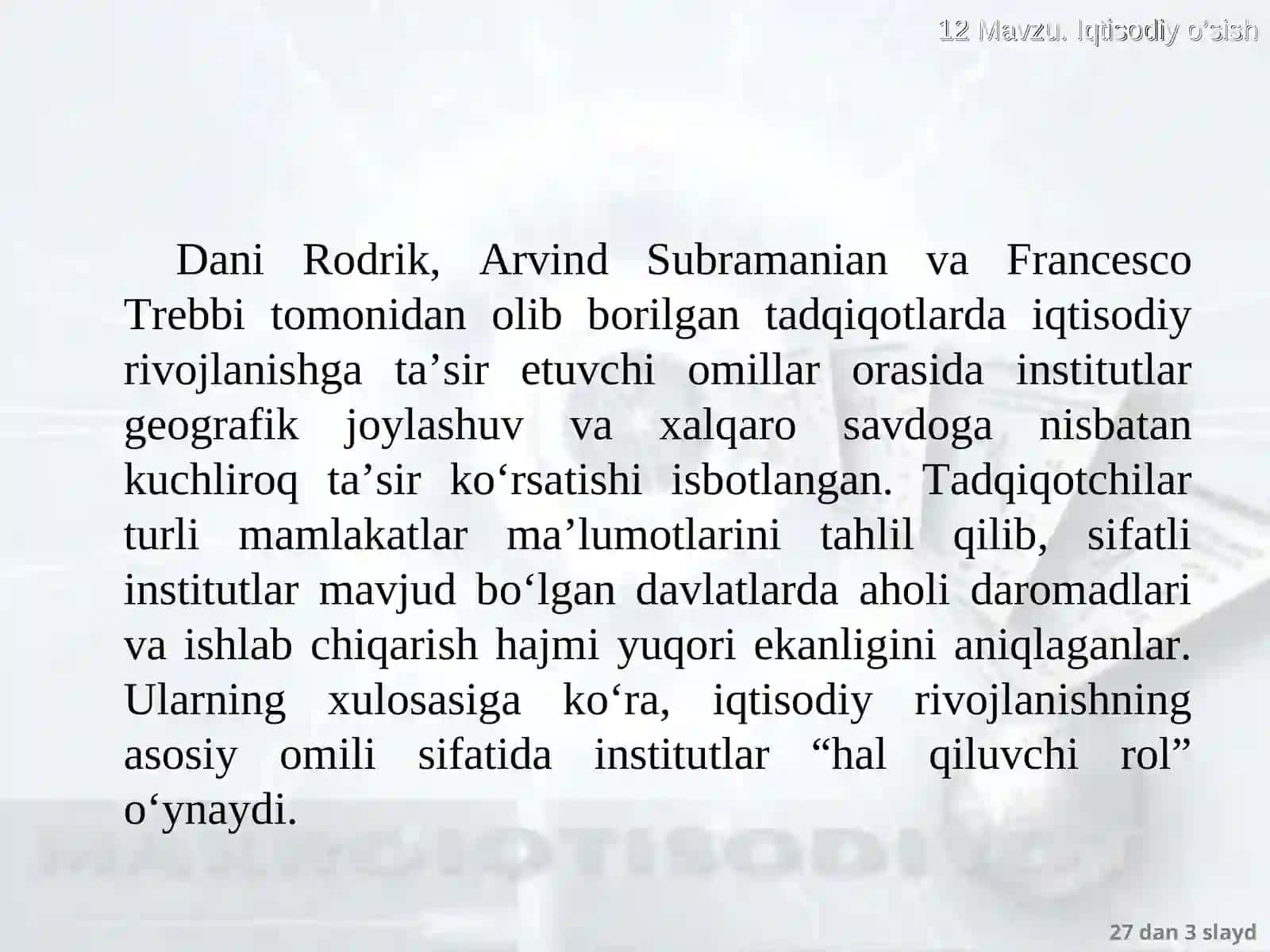 IQTISODIY O‘SISH.INSTITUTLARNING IQTISODIY O‘SISHGA TA‘SIRI BO‘YICHA ILMIY MANBALAR ASOSIDA TAHLILIY 3