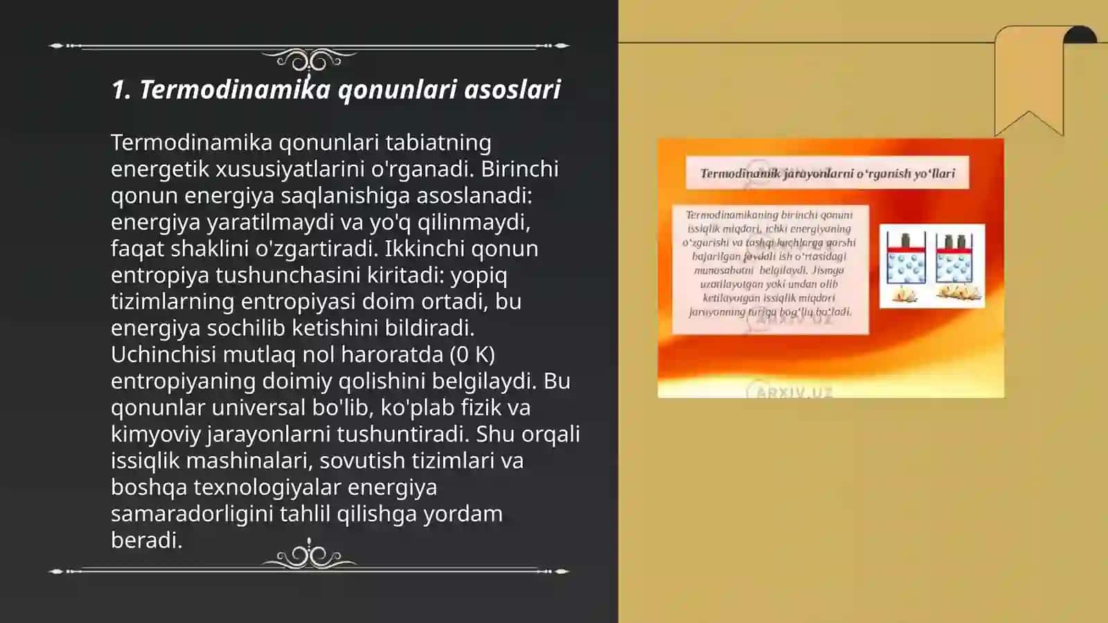 Termadinamika qonunlari issiqlik balansi,issiqlik almashinuv turlari 3