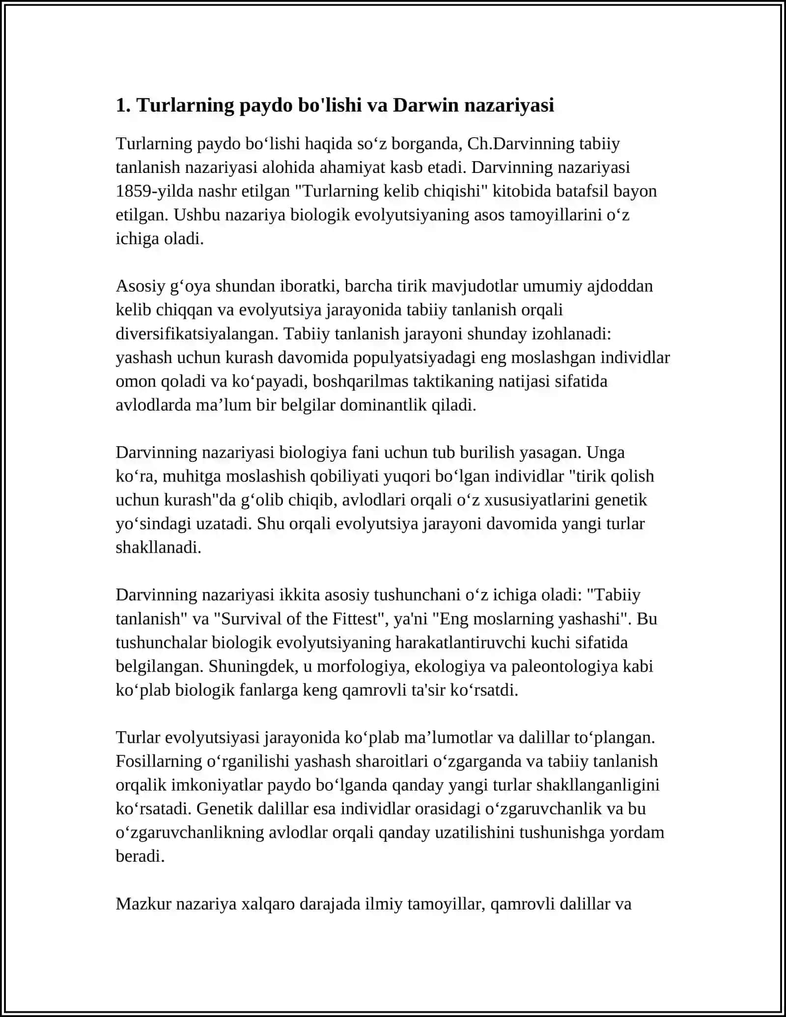 Turlarning Paydo Bo'lishi, Tabiiy Tanlanish va Turlarning Shakillanishi 3