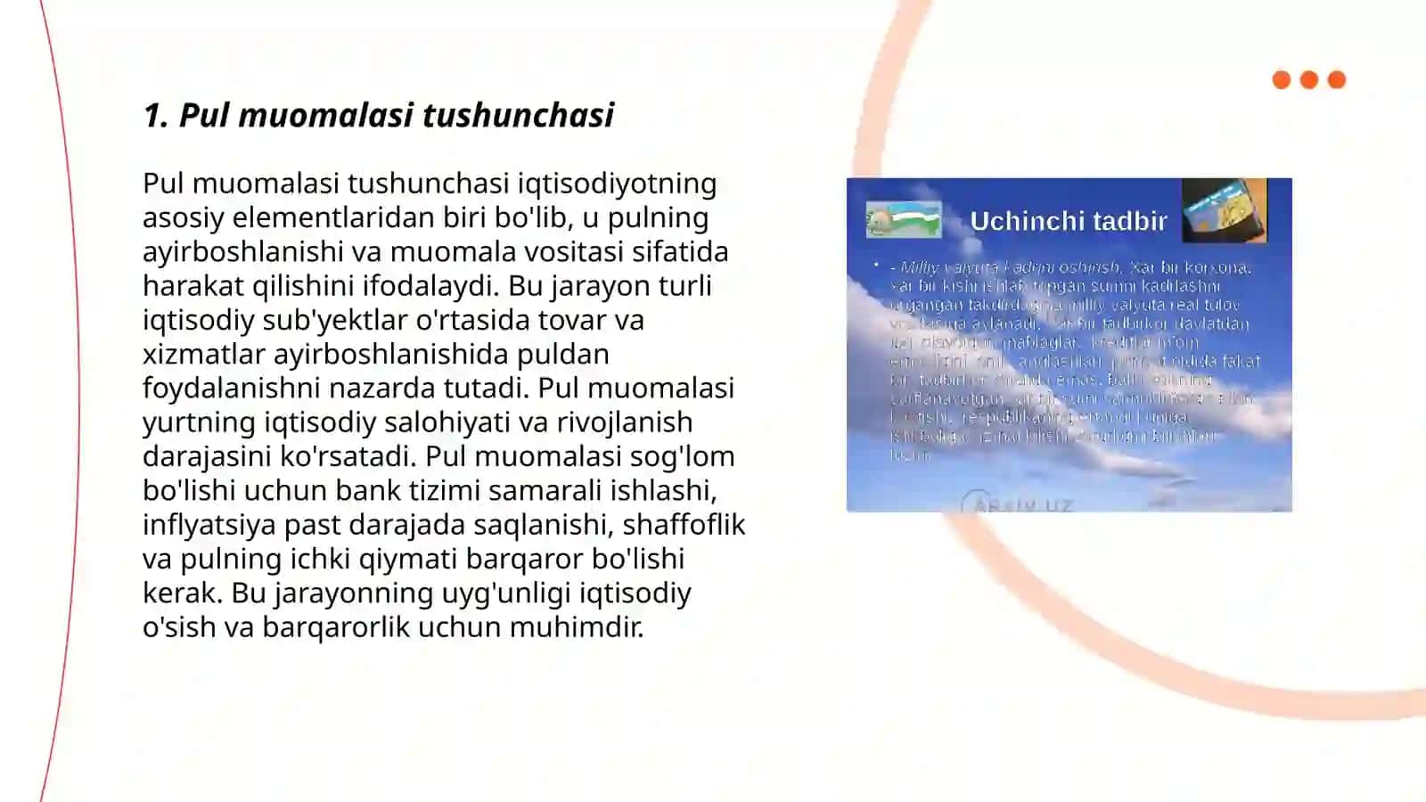 Pullarga bo‘lgan talab va pullar taklifini, pul muomalasi tushunchasini, pul muomalasi qonunlaridan kelib chiqadigan talablar 3