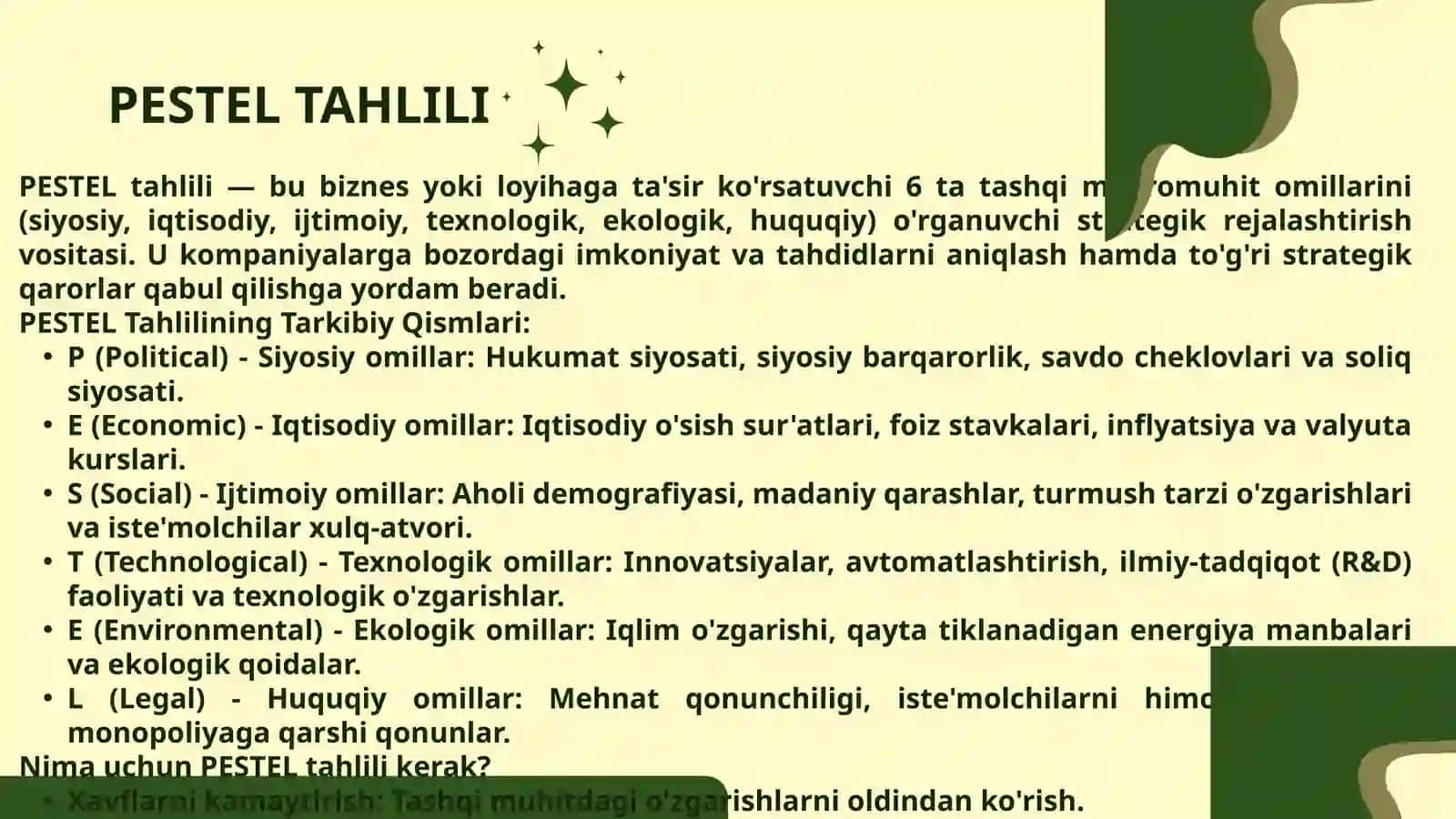 Pestel Tahlili (Tog' hududida ekologik turizm, piyoda sayrlar va an'anaviy ovqatlar bilan xizmat ko'rsatuvchi kichik qo'rg'on mehmonxonasi) 3