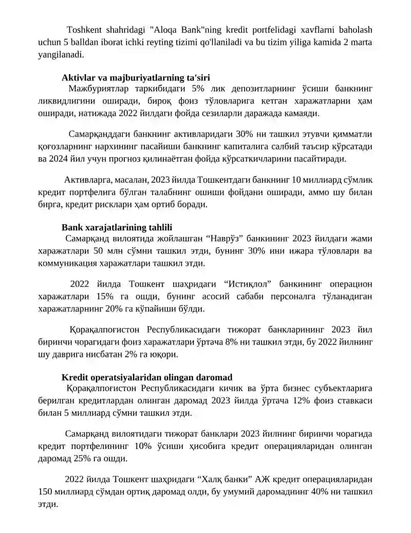 Tijorat banklarining daromadlari, xarajatlari va foydasini tahlil qilish 3
