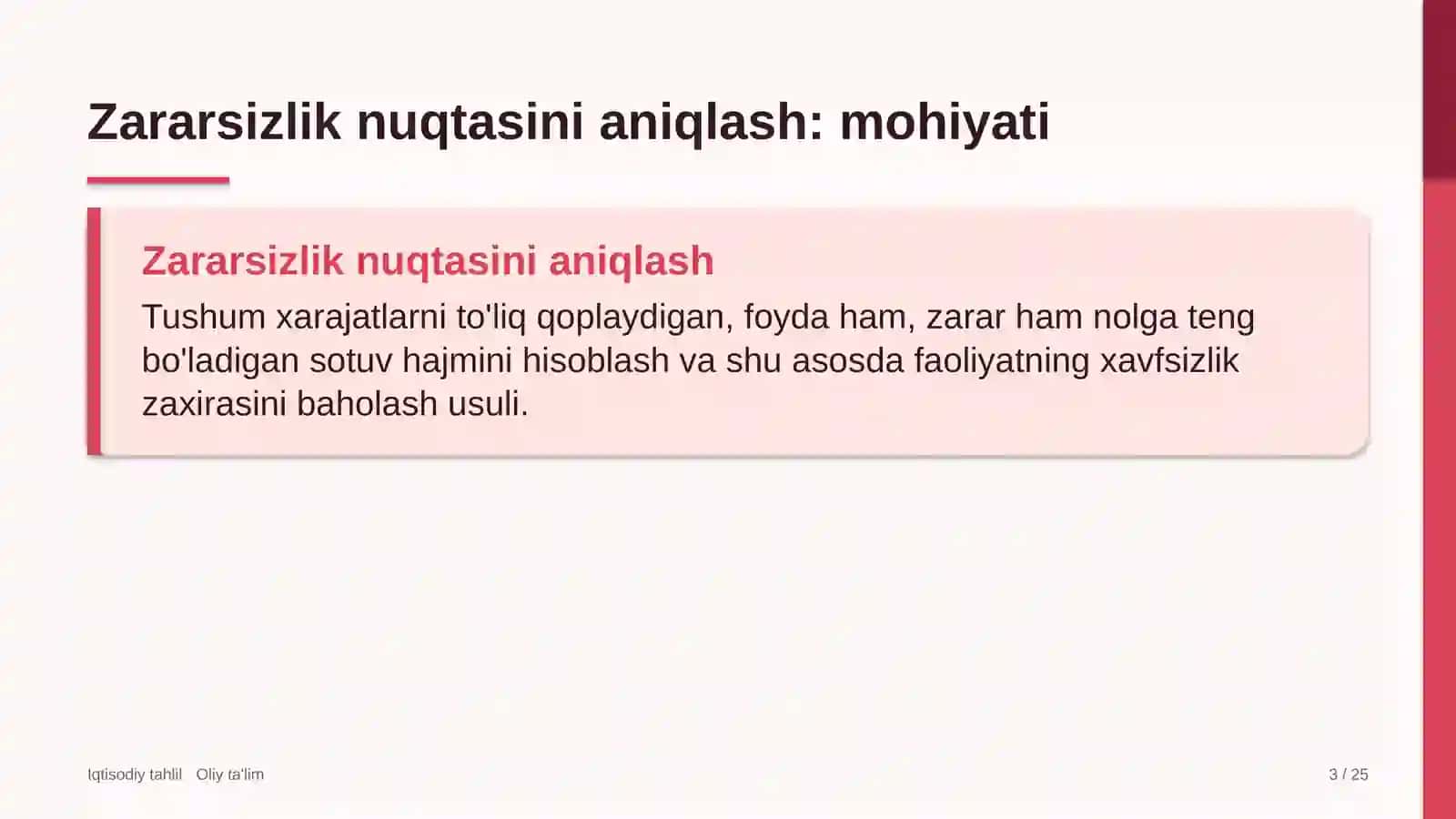 Butik-mehmonxonalarda zararsizlik nuqtasini aniqlash 3