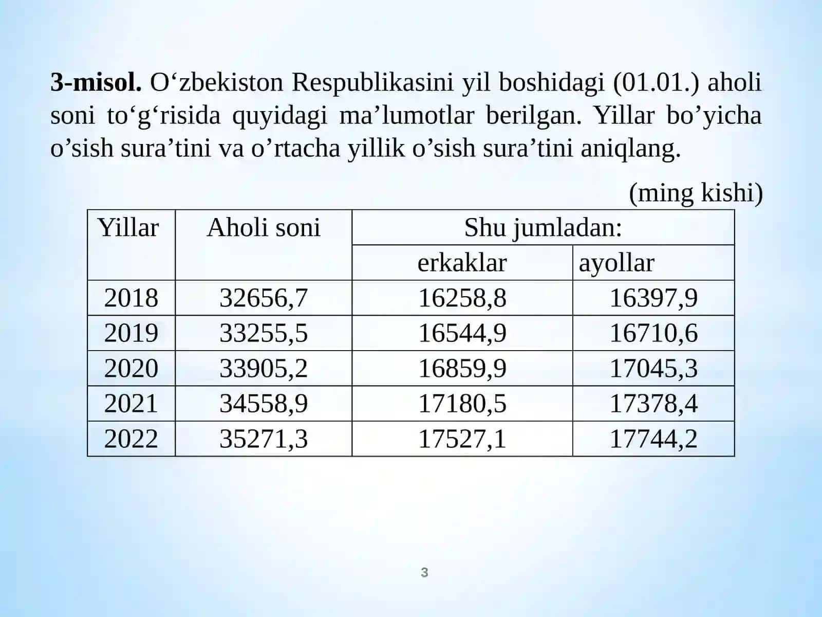 Statistik ma’lumotlarni taqdim etish usullari va o‘rtacha miqdorlar 3