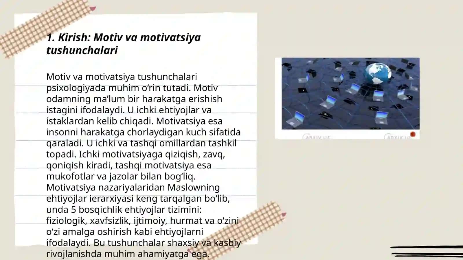 Horij psixologiyasida motiv va motivatsiya muommosi mustaqil ish slayd 3
