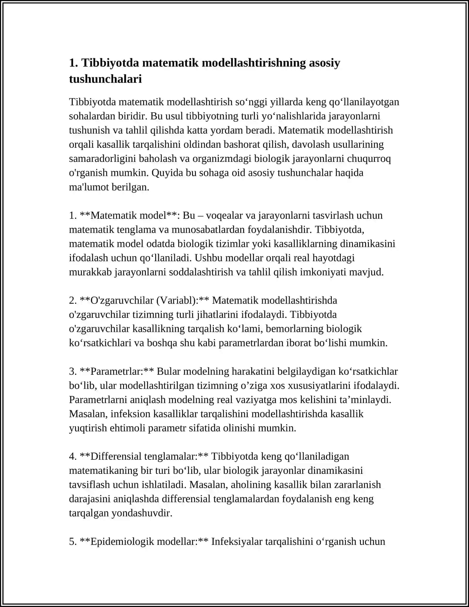 TIBBIYOTDA MATEMATIK MODDELASHTIRISH USLUBLARINI O`RGANISH 3