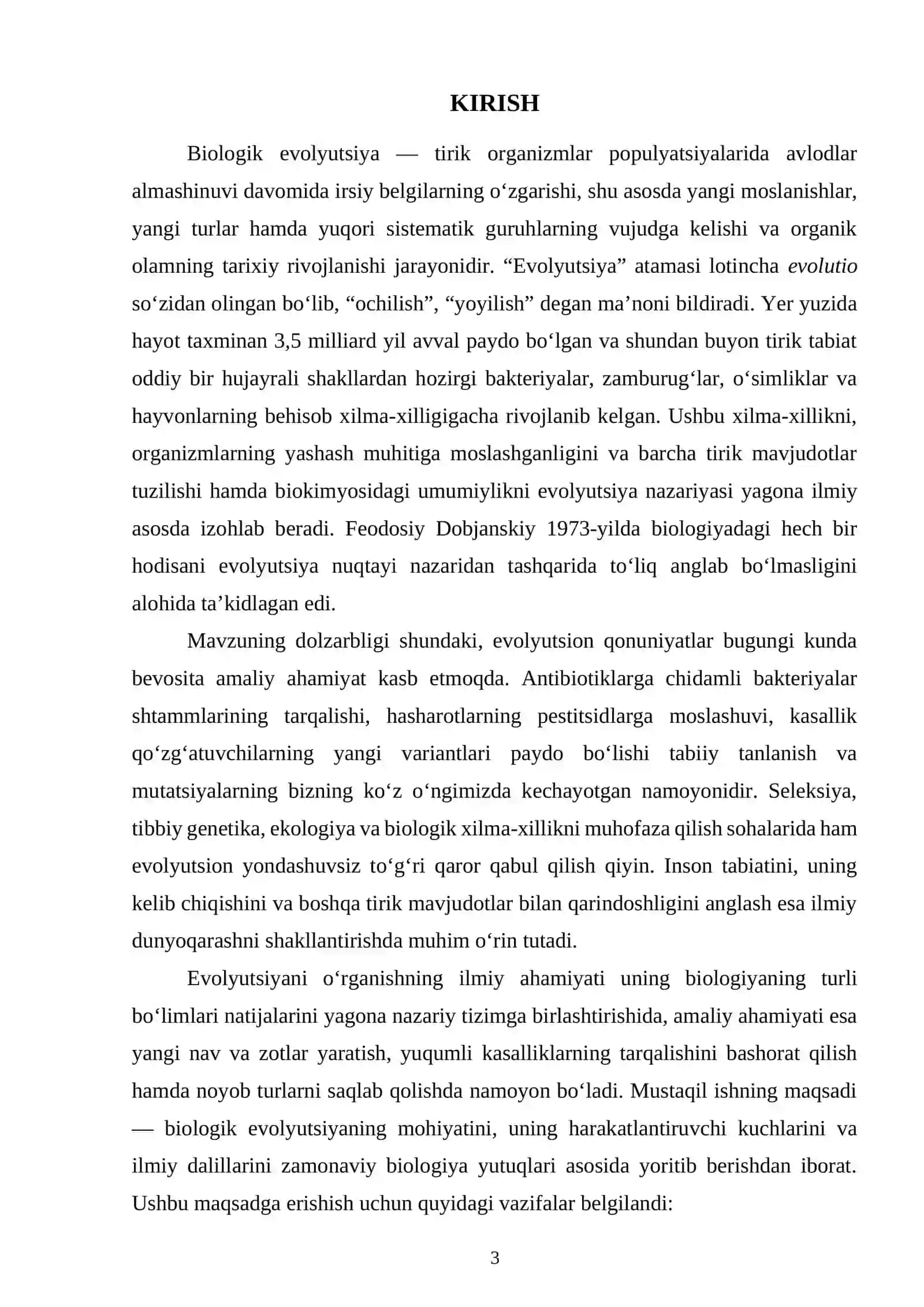 BIOLOGIK EVOLUTSIYA MUSTAQIL ISH 3