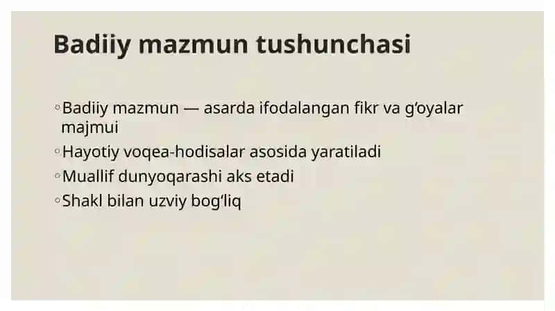 "Badiiy mazmunning xususiyatlari" taqdimot (slayd) 3