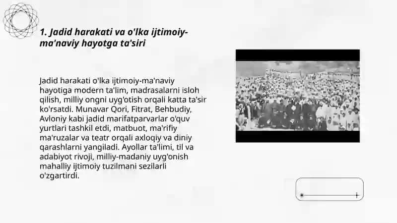 Jadid marifatparvarlarni o'lka ijtimoiy ma'naviyat hayotida tutgan o'rni munavar qori Fitrat Behbudiy Avloniy Munavvarova Husnida 3