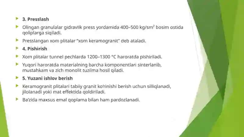 Keramogranit olish texnologiyasi. Keramogranit uchun xom ashyolar. Sunʼiy pardozbop rangli tashqi yuzalar uchun materiallar 3