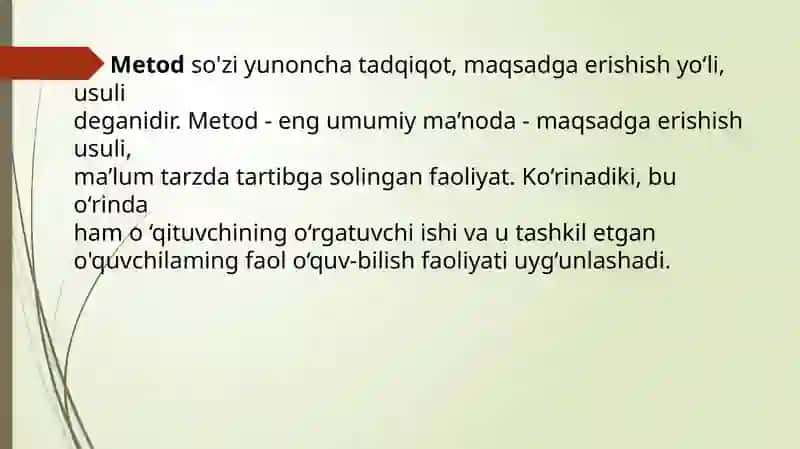 Ta’lim metodlari va vositalari.             Metod, usul va texnoiogiya. 2. Umumpedagogik (makro) daraja 3. Ta’lim metodlarming mohiyati va mazmuni. 3