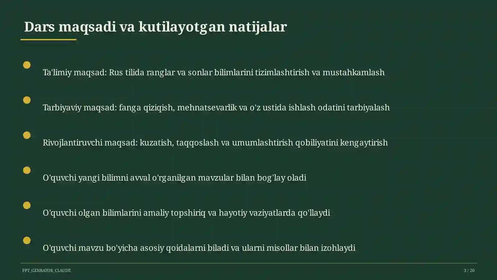 Rus tilida ranglar va sonlar (2-sinf) 3