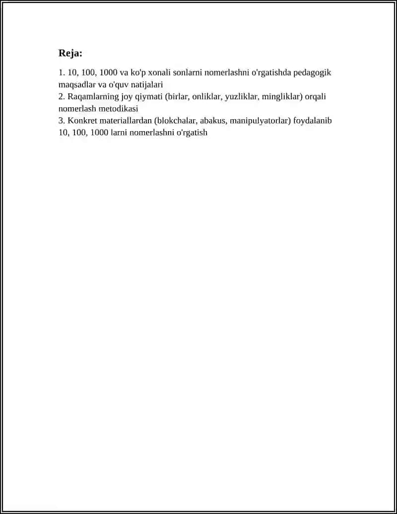 BOSHLANGʻICH SINFLARDA 10, 100, 1000 VA KOʻP XONALI SONLAR USTIDA NOMANFIY BUTUN SONLARNI NOMERLASHGA OʻRGATISH METODIKASI 3