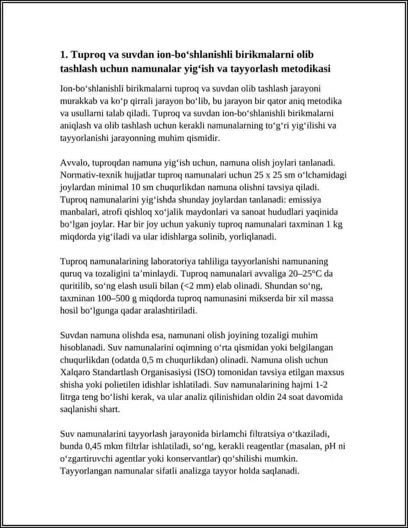 Tuproq va suvdan ion-boʻshlanishli birikmalarni olib tashlash uchun namunalar yigʻish va tayyorlash metodikasi 3