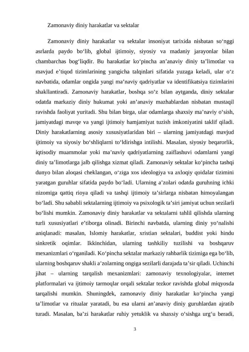 Zamonaviy diniy hatakatlar va sektalar Islom va boshqa diniy aqidalar sinkretlashuvi natijasida shakllangan diniy talimotlar tarixi 3