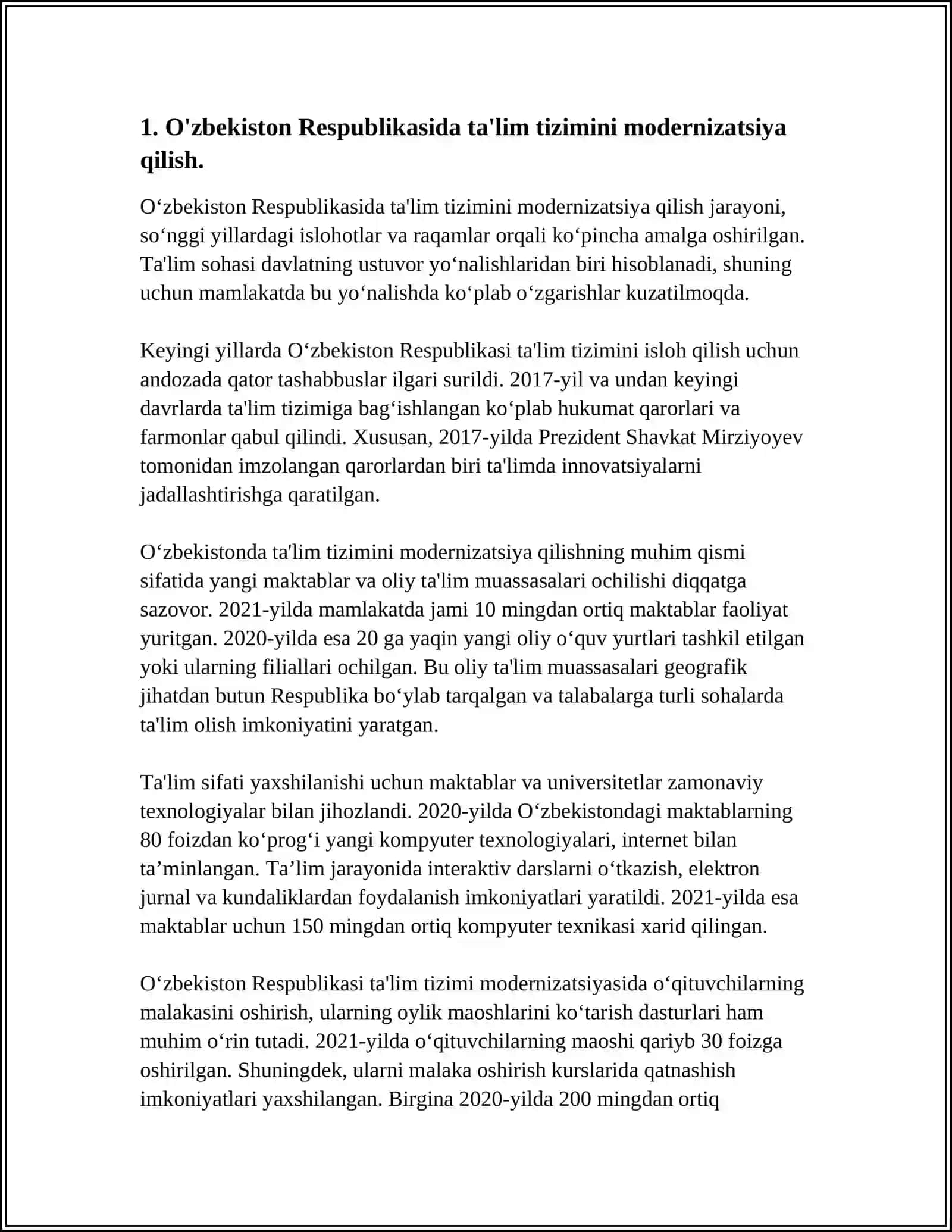 OʻZBEKISTON RESPUBLIKASIDA TALIM SOHASIDA AMALGA OSHIRILGAN ISLOHOTLAR. OʻZBEKISTON VA JAHON HAMJAMIYATI 3