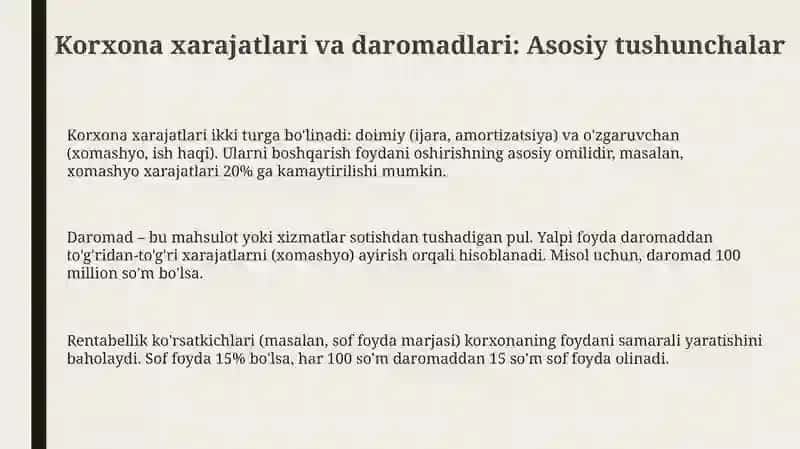 Korxona (firma) xarajatlari va foydasi 3