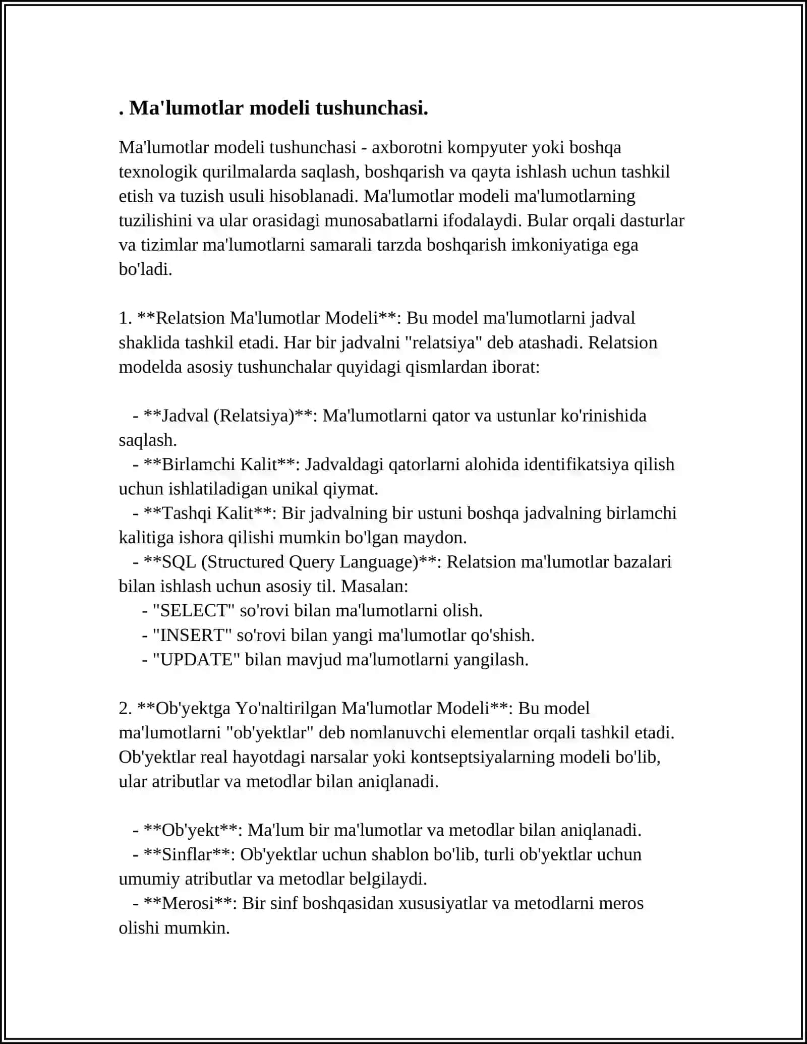 RELYATSION MA'LUMOT MODELI. MA'LUMOTLAR BAZASIDA MUNOSABATLAR 3