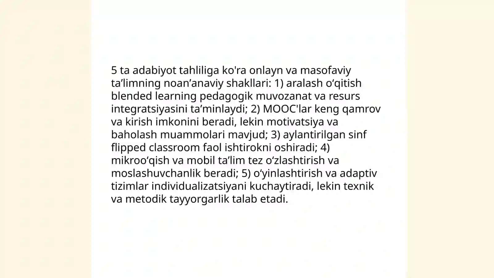 Taʼlim tashkil etishning noanʼanaviy shakllarini 5 ta adabiyotdan tahlil qilish 3