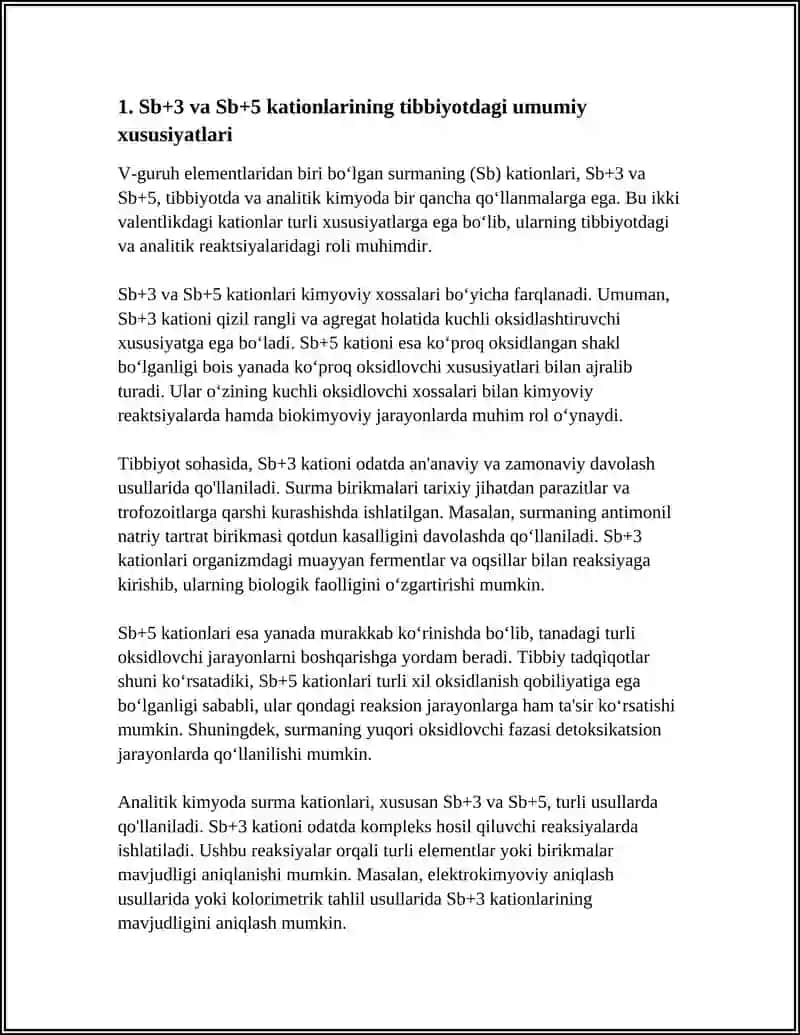 Sb+3 va Sb+5 kationlarining tibbiyotdagi umumiy xususiyatlari 3