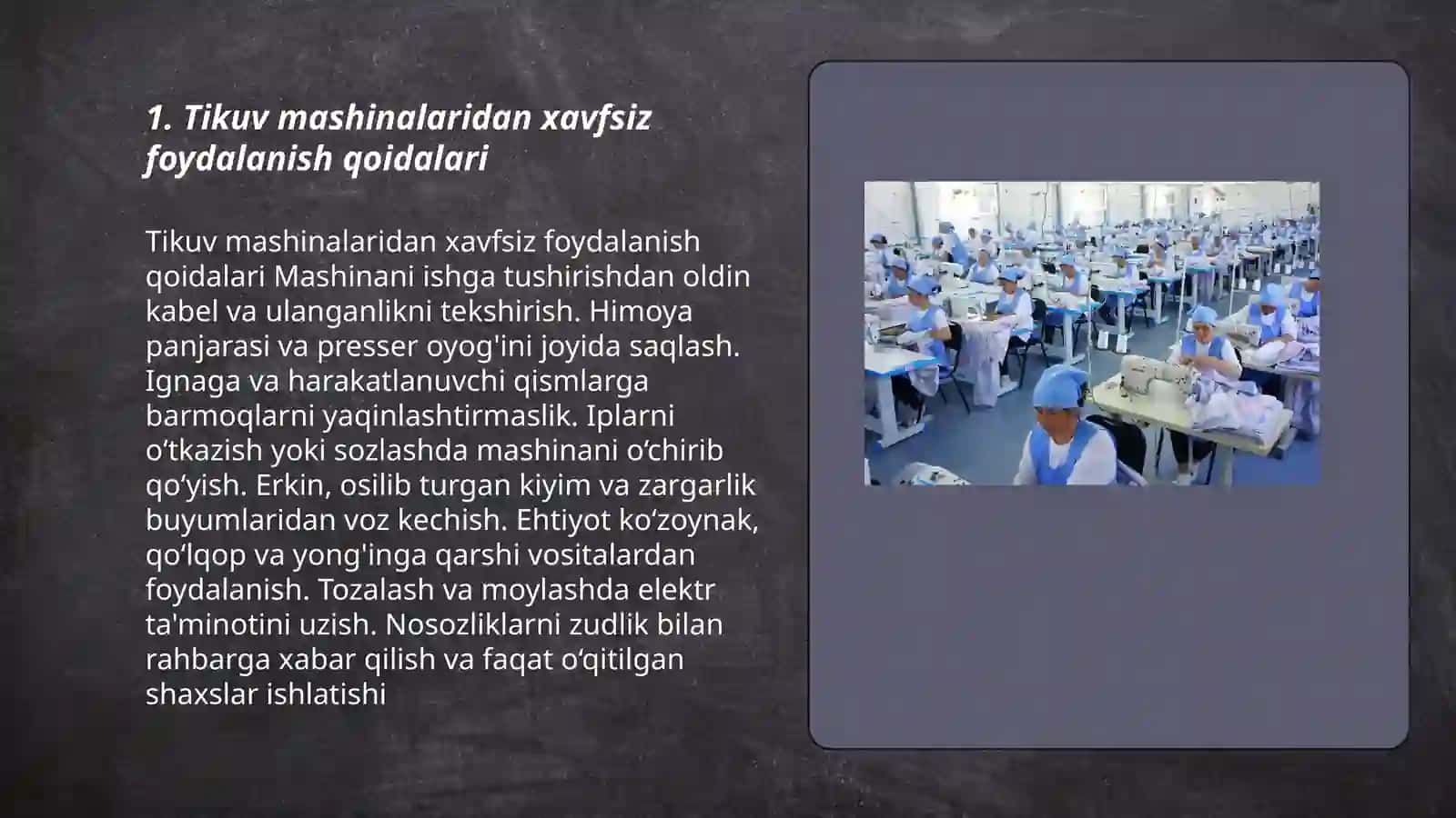 Tikuvchilik korxonalalari jihozlarida xavfsizlik qoidalari 3