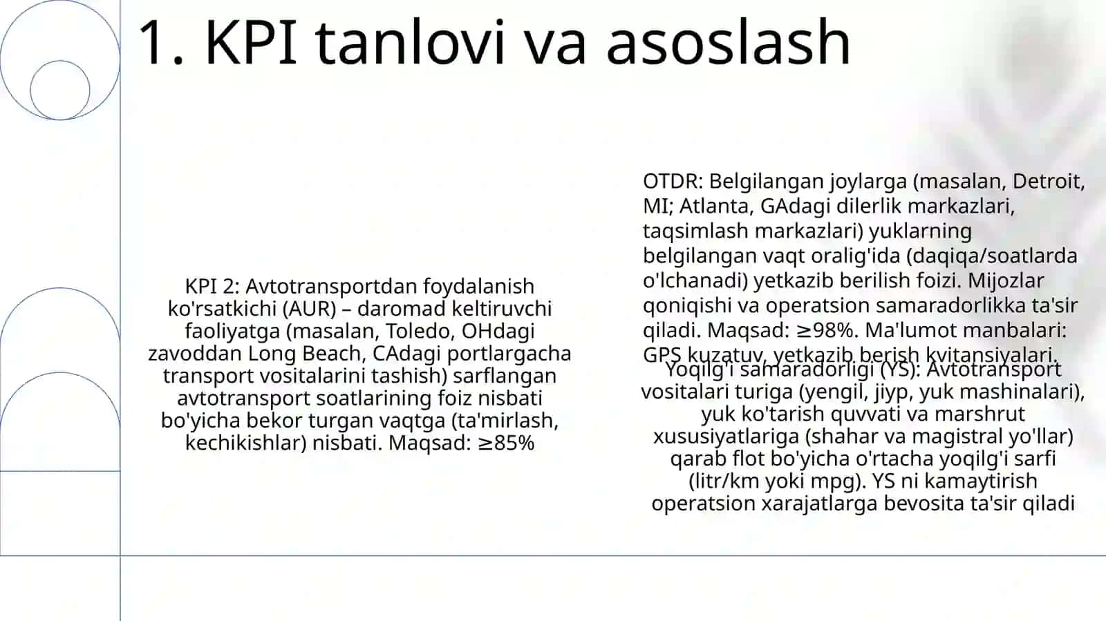 Avtomobil transporti asosiy ish ko'rsatkichlarini o'rganish 3