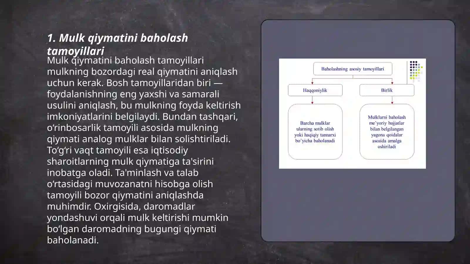 Mulk qiymatini baholashning tamoyillari,maqsadlari,yondashuv va usullari 3