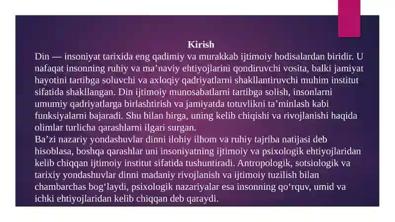 Din ijtimoiy hodisa sifatida va uning kelib chiqishi to'g'risidagi turlicha qarashlar. 3