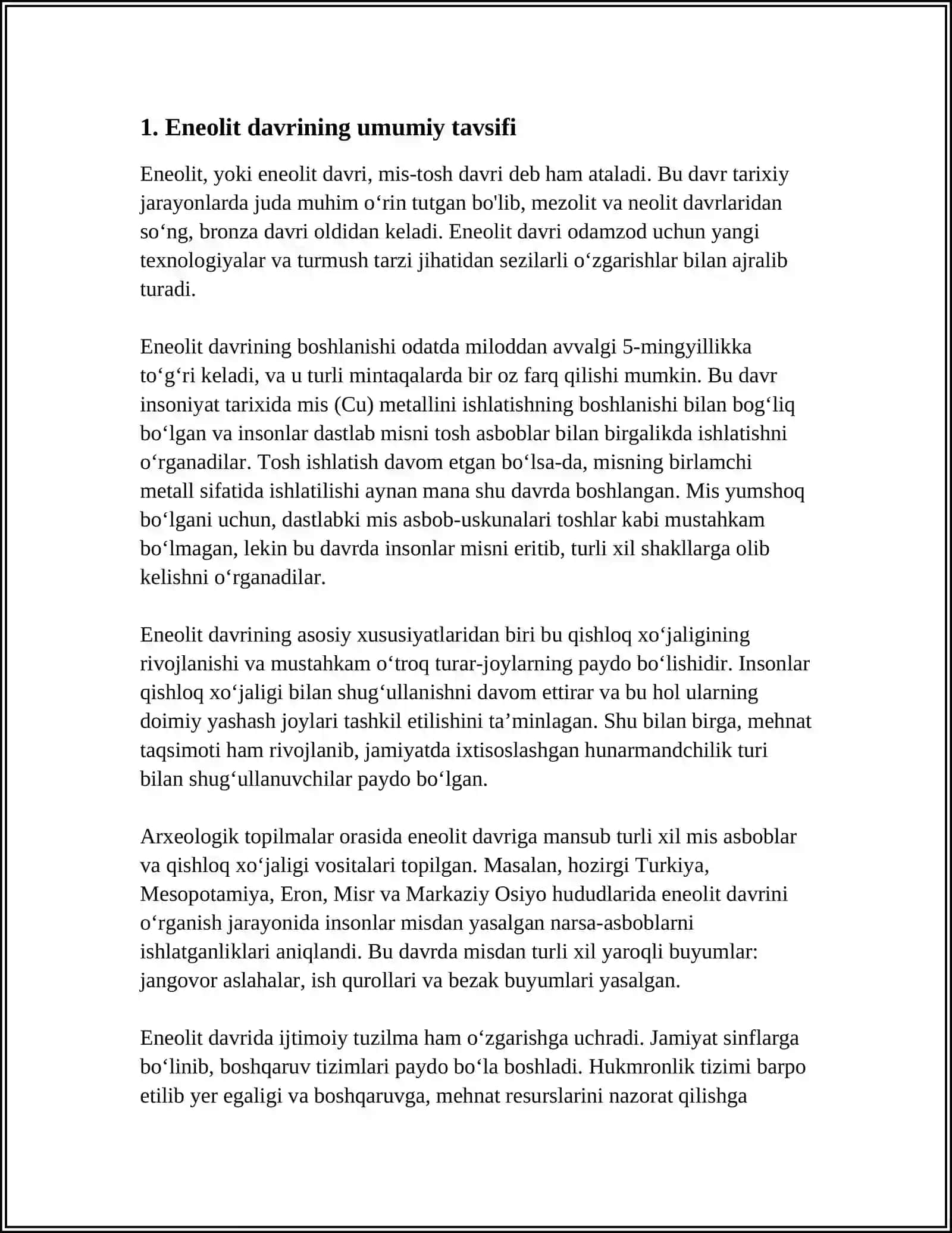 ENEOLIT VA BRONZA DAVRI XUSUSIYATLARI VA YODGORLIKLARI O’RGANILISHI 3