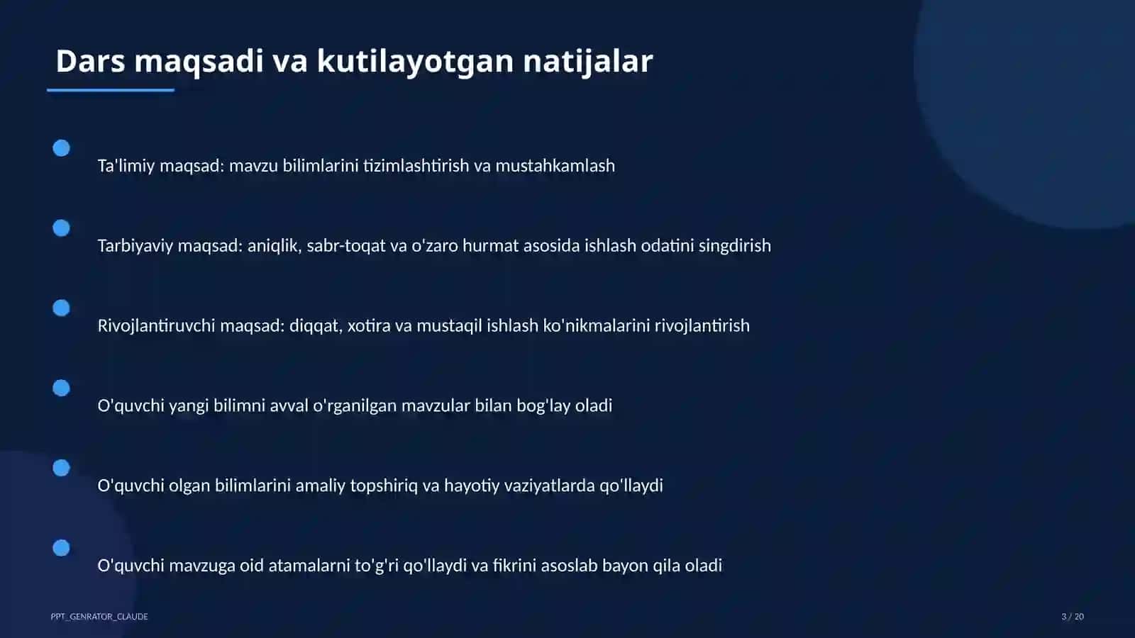 Dars tahlili: kuzatuv va baholash mezonlari 3
