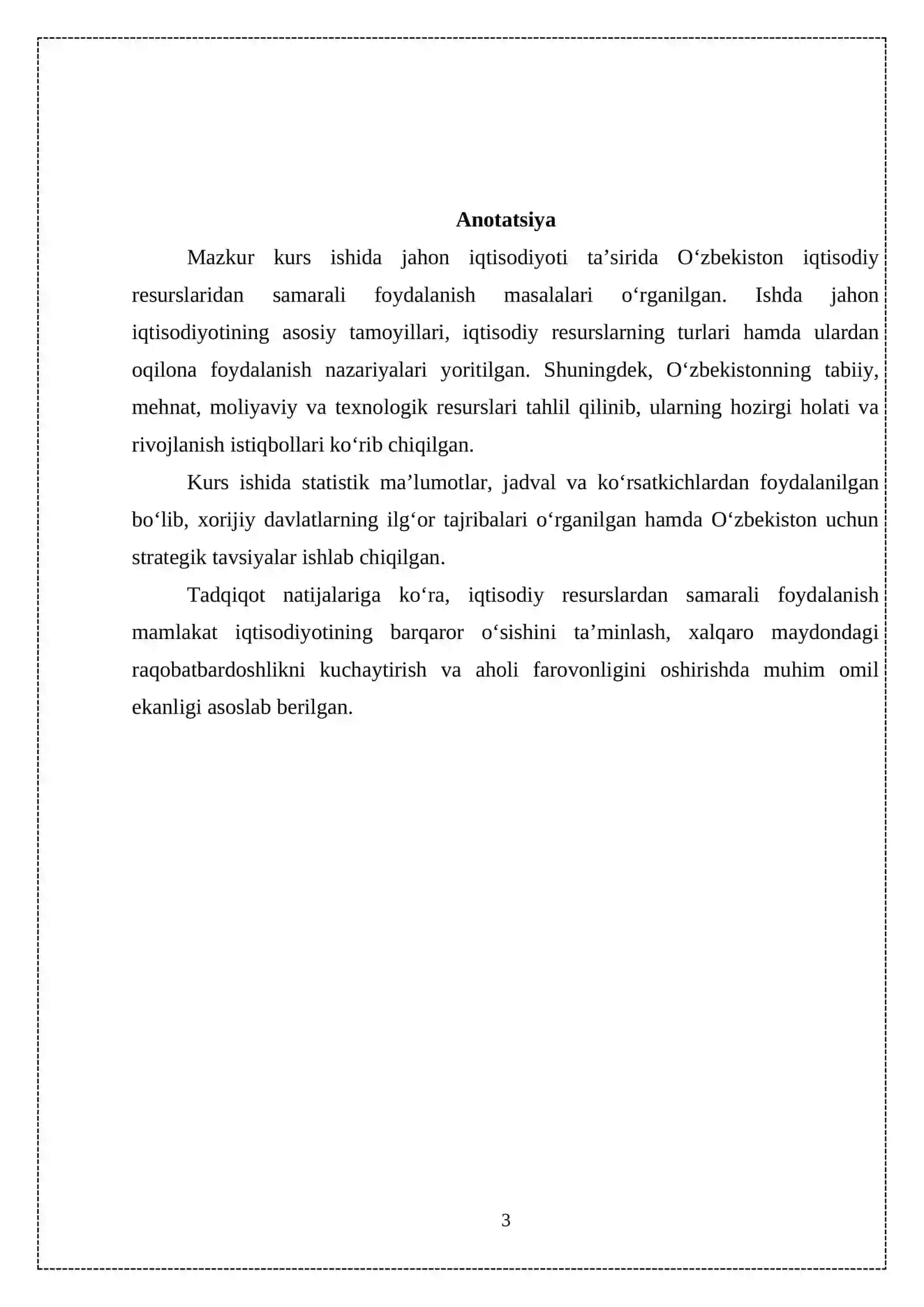 Jahon iqtisodiyoti ta’sirida O‘zbekistonning iqtisodiy resurslaridan samarali foydalanish muammolari 3