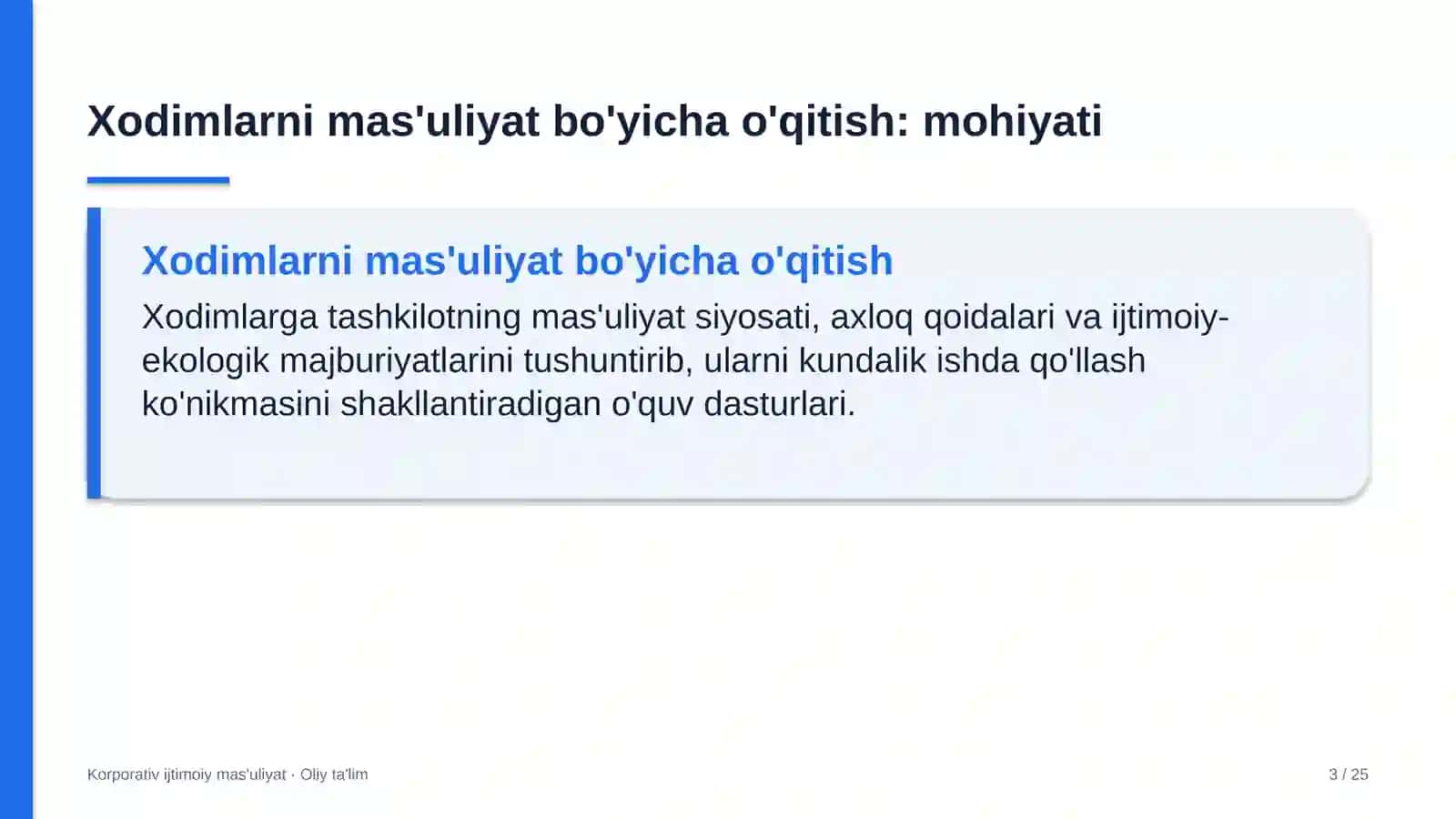 sintetik yoqilg'i ishlab chiqarishda xodimlarni ijtimoiy mas'uliyat bo'yicha o'qitish 5028 3