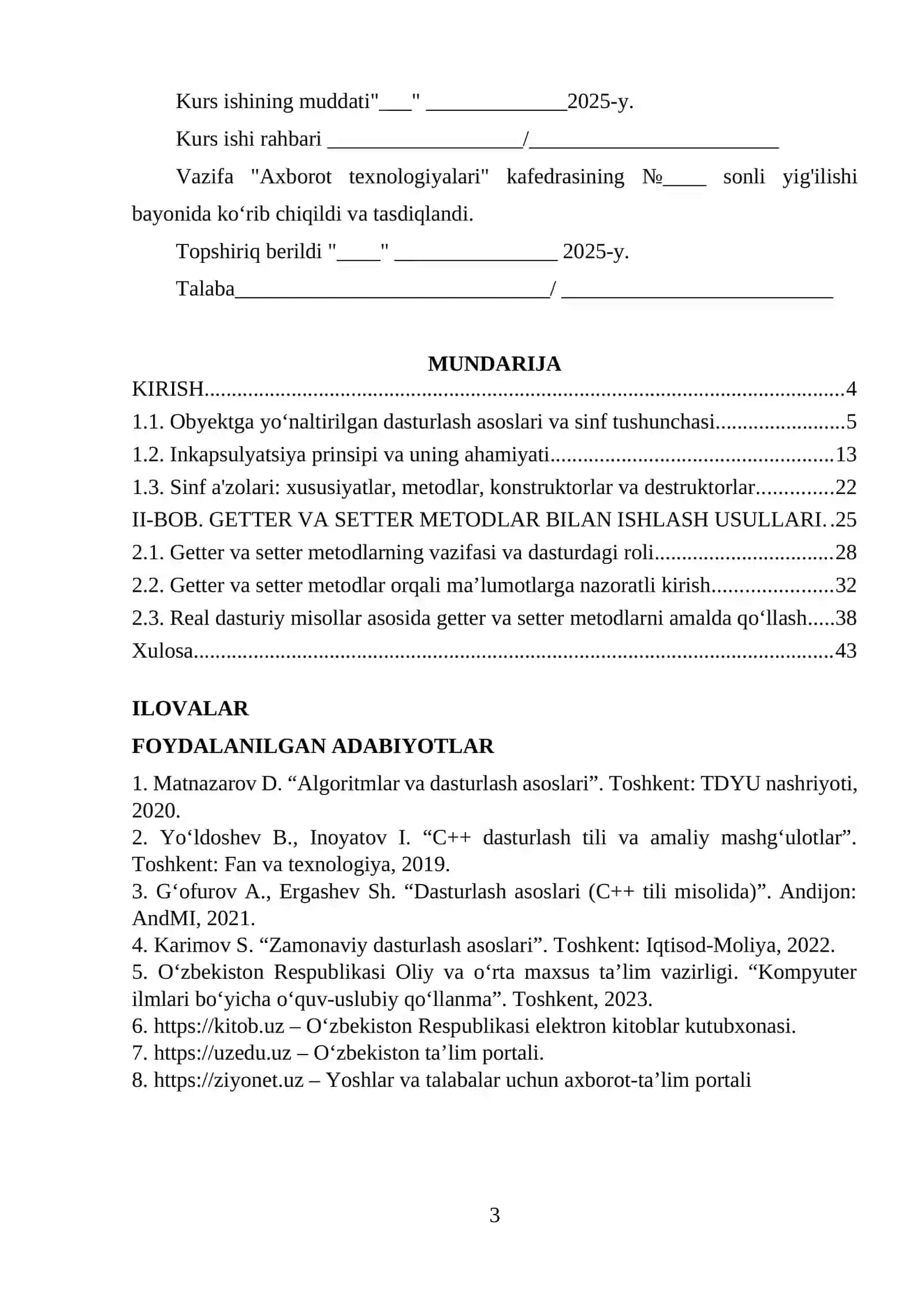 SINFNING GETTER VA SETTER METODLAR BILAN ISHLASH 3