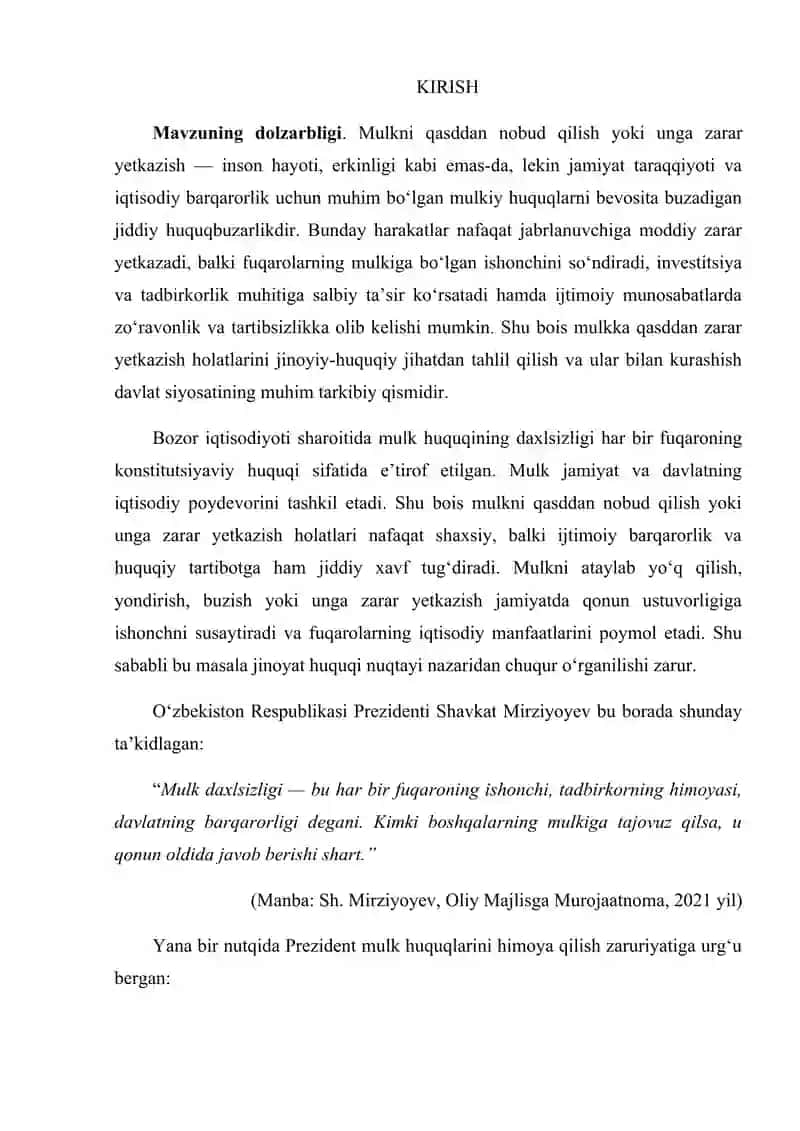 "Mulkni qasddan nobud qilish yoki unga zarar yetkazishning jinoiy-huquqiy xususiyatlari" mavzusidagi KURS ISHI 3