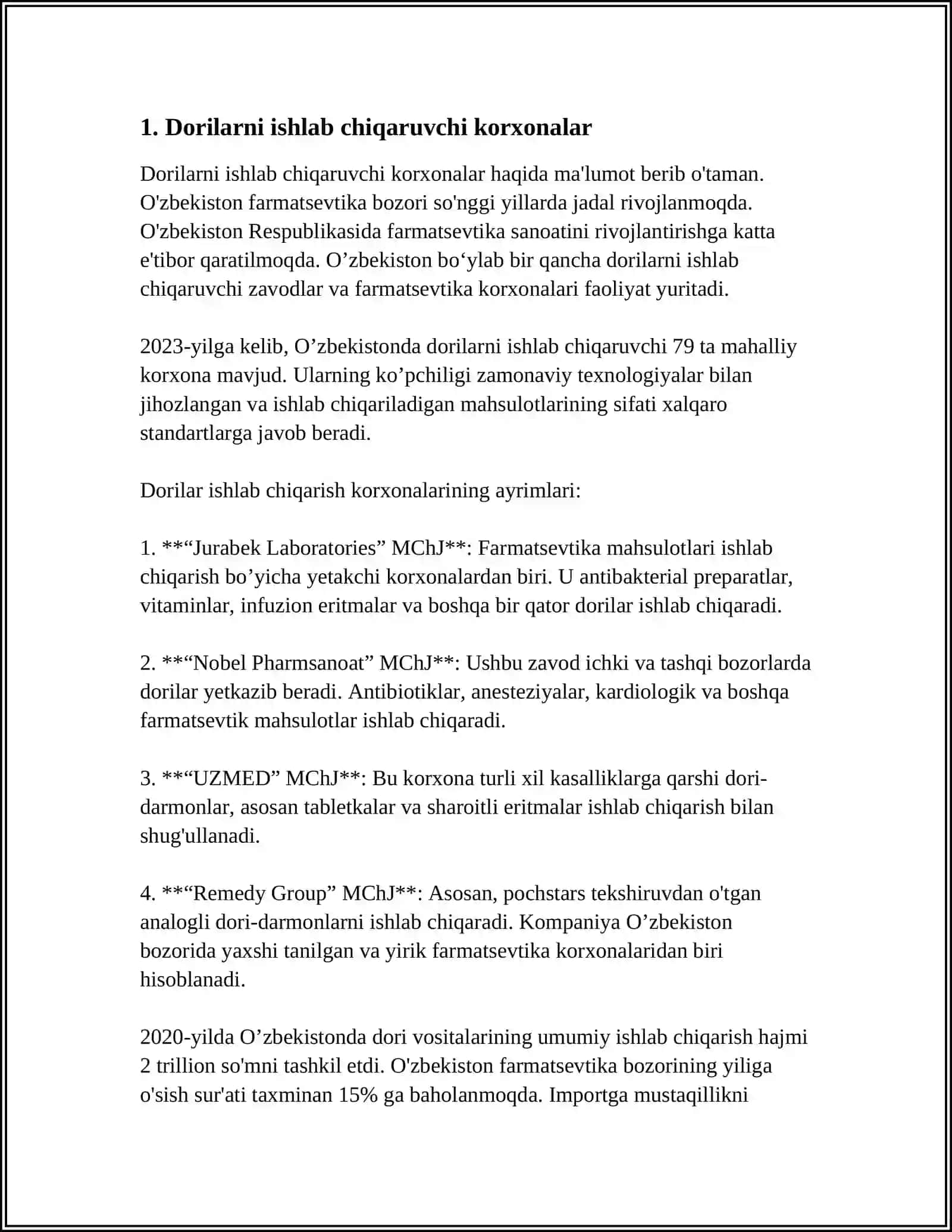 ÕZBEKISTONDA FARMASEVTIK ISHLAB CHIQARISH KORXONALARI VA ULARNING TURLARI 3